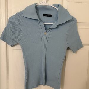 SHEIN Light Blue Ribbed Button Down Shirt